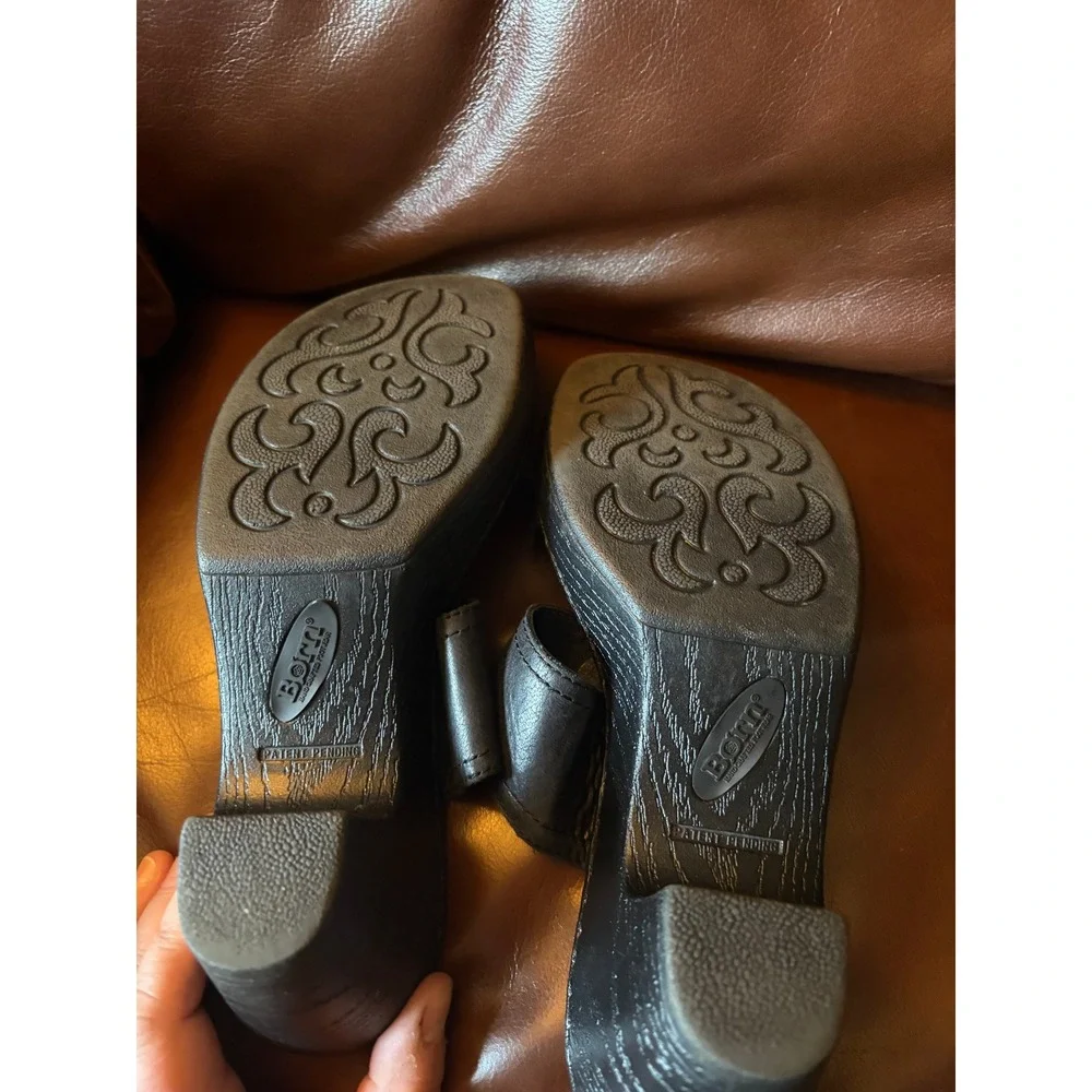 Born Black Leather Platform Wedge Slide‎ Sandals Womens 8M Casual Whimsigoth